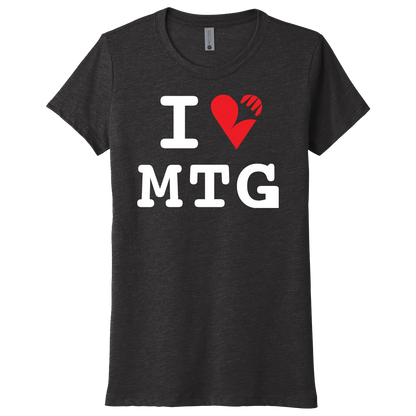 A dark heather women's t-shirt with "I Love MTG" graphic. Brand: MTG PRO Shop, Item: I Love MTG T-shirt for Magic: The Gathering