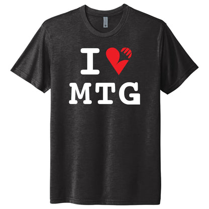 A black t-shirt with white text that says "I LOVE MTG" and a red heart with a hand inside. Brand: MTG PRO Shop, Item: I Love MTG T-shirt for Magic: The Gathering