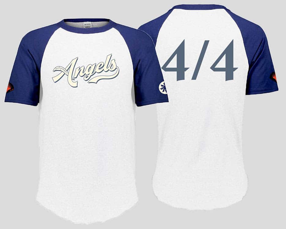 A white and blue raglan sleeve t-shirt with "Angels" text on the front and "4/4" on the back. Brand: MTG PRO Shop, Item: Angels Sports Team T-Shirt for Magic: The Gathering