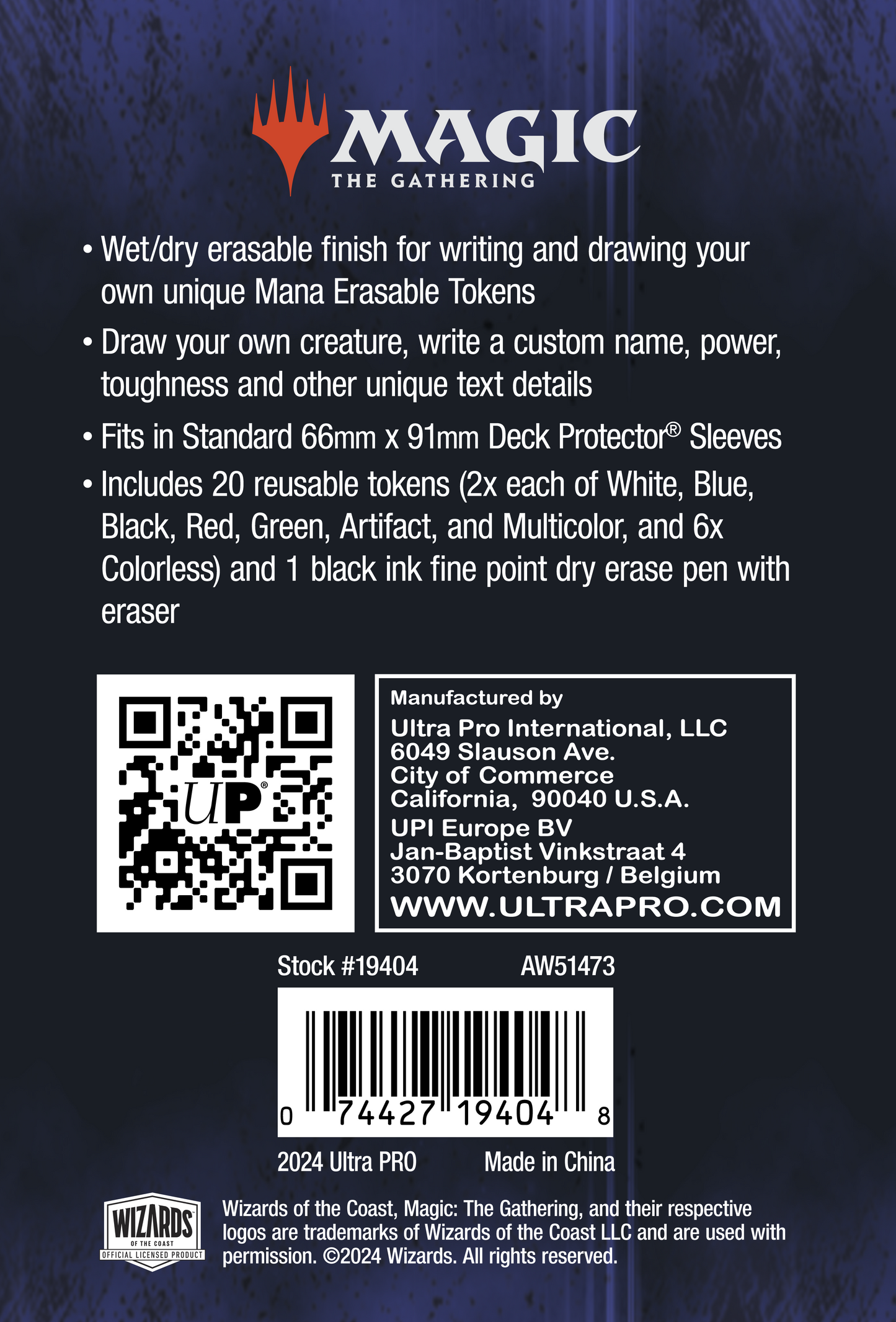 A set of Magic: The Gathering Erasable Tokens by Ultra Pro. Includes 20 reusable tokens and a dry erase pen.