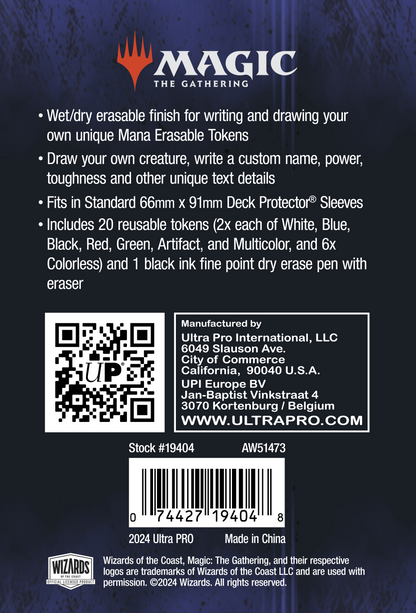 A set of Magic: The Gathering Erasable Tokens by Ultra Pro. Includes 20 reusable tokens and a dry erase pen.