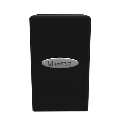 A black Classic SATIN Tower DECK BOX. Brand: Ultra PRO.