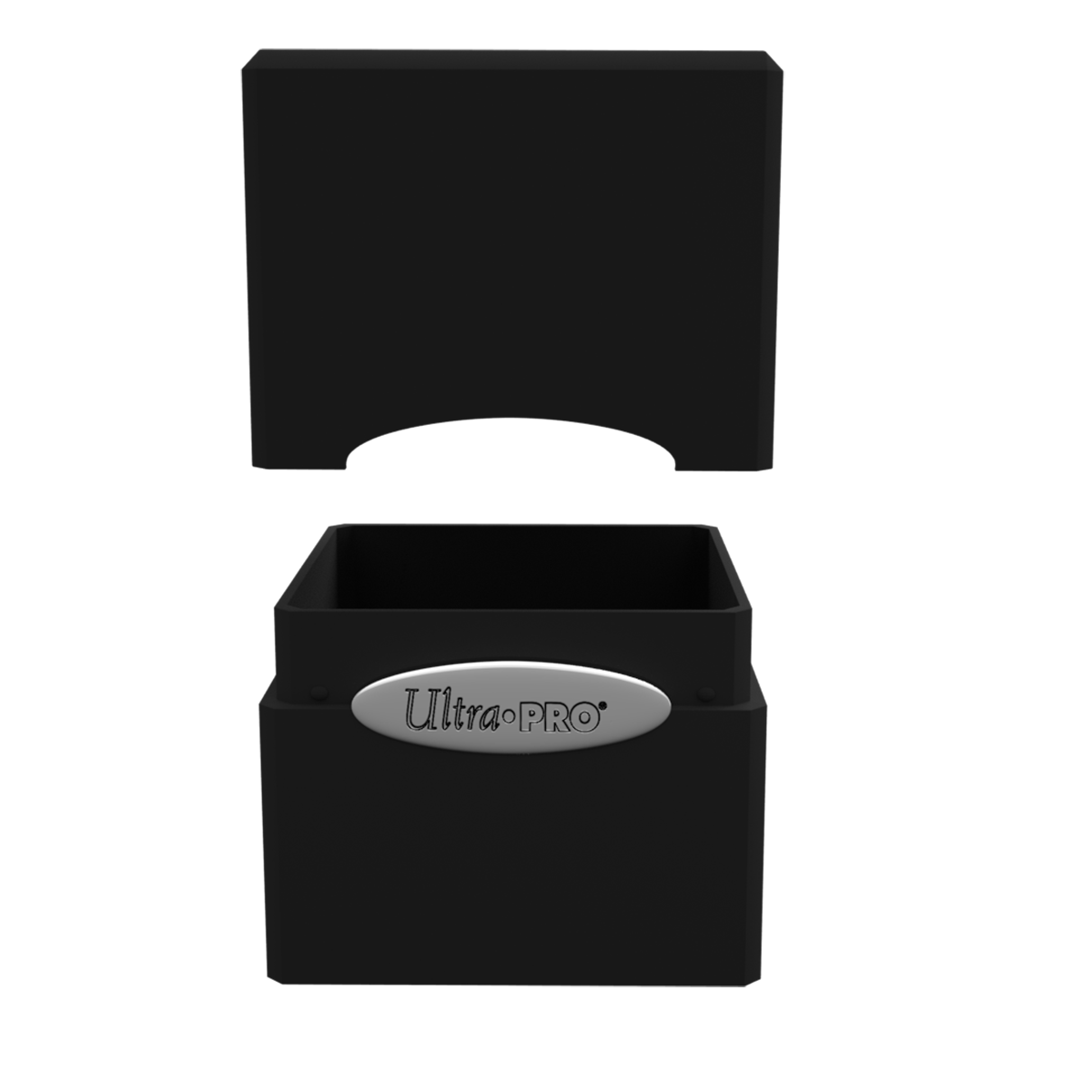 A black Ultra PRO Classic SATIN Cube deck box with its lid removed. Brand: Ultra PRO, Item: Classic SATIN Cube
