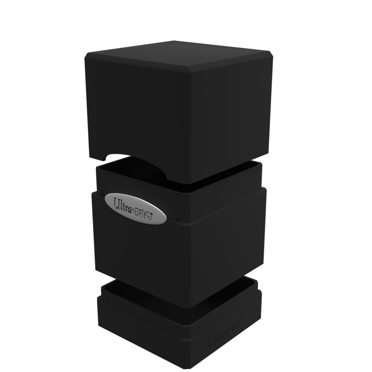 A black Classic SATIN Tower DECK BOX. Brand: Ultra-Pro, Item: Classic SATIN Tower DECK BOX.