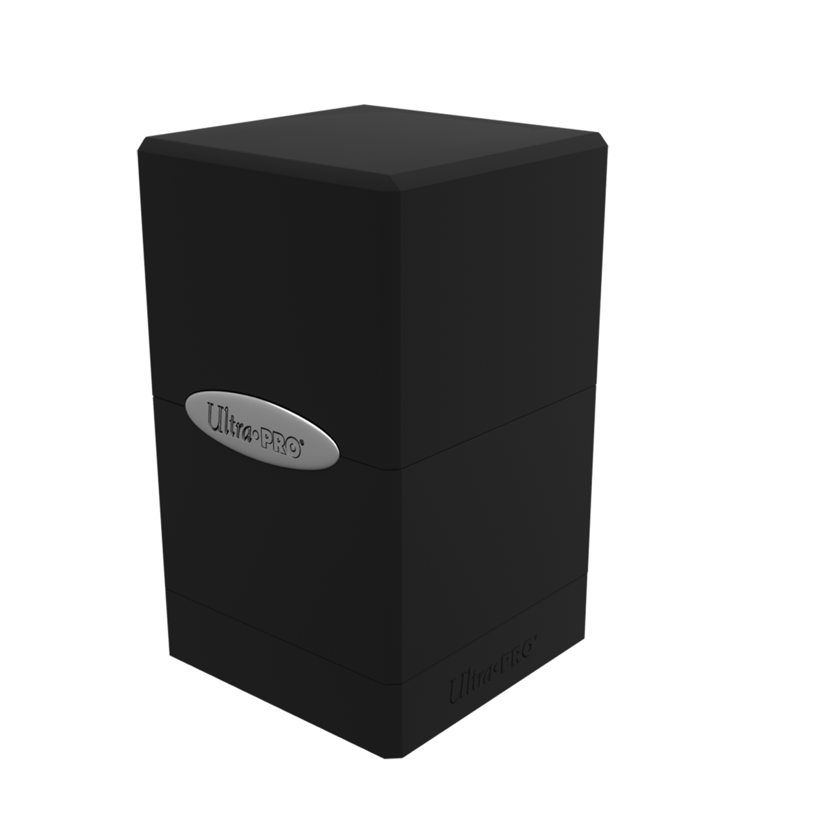 A black Classic SATIN Tower Deck Box. Brand: Ultra PRO, Item: Classic SATIN® Tower DECK BOX®.