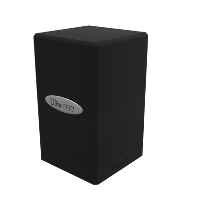 A black Classic SATIN Tower Deck Box. Brand: Ultra PRO, Item: Classic SATIN® Tower DECK BOX®.