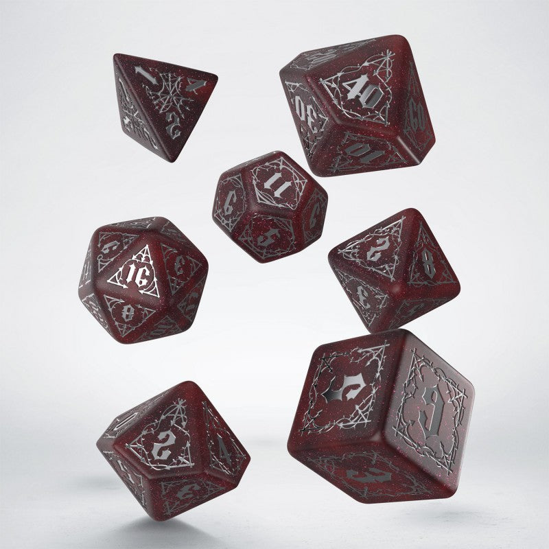Q-Workshop Bloodsucker Dice Set: Scarlet – shimmering red with silver RPG dice – Flip Tap Win TCG, Saline MI