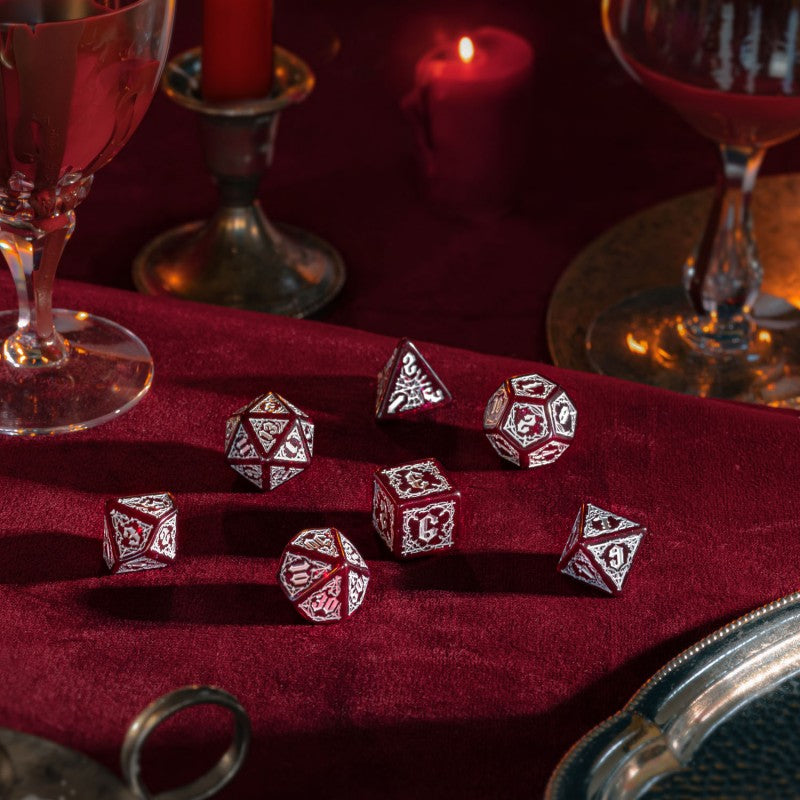 Q-Workshop Bloodsucker Dice Set: Scarlet – shimmering red with silver RPG dice – Flip Tap Win TCG, Saline MI
