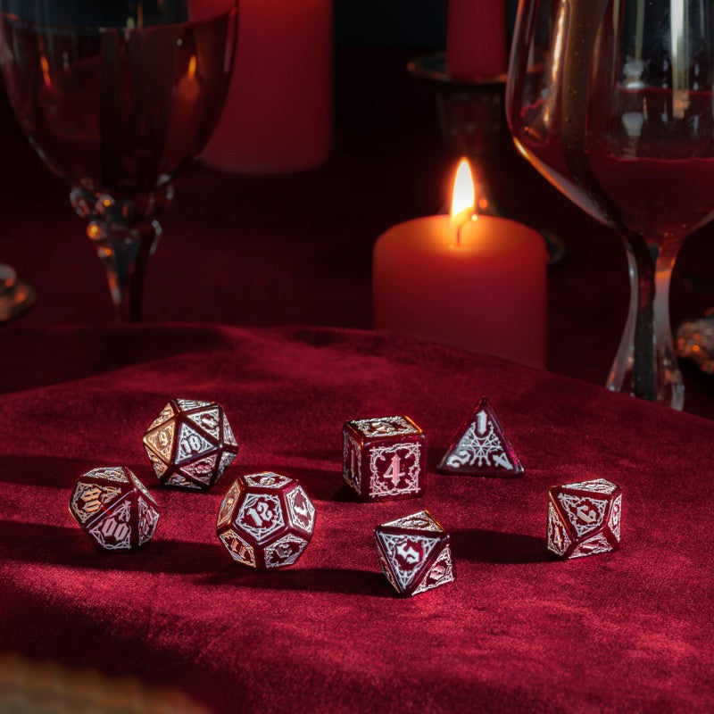 Q-Workshop Bloodsucker Dice Set: Scarlet – shimmering red with silver RPG dice – Flip Tap Win TCG, Saline MI