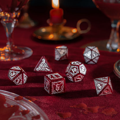 Q-Workshop Bloodsucker Dice Set: Scarlet – shimmering red with silver RPG dice – Flip Tap Win TCG, Saline MI