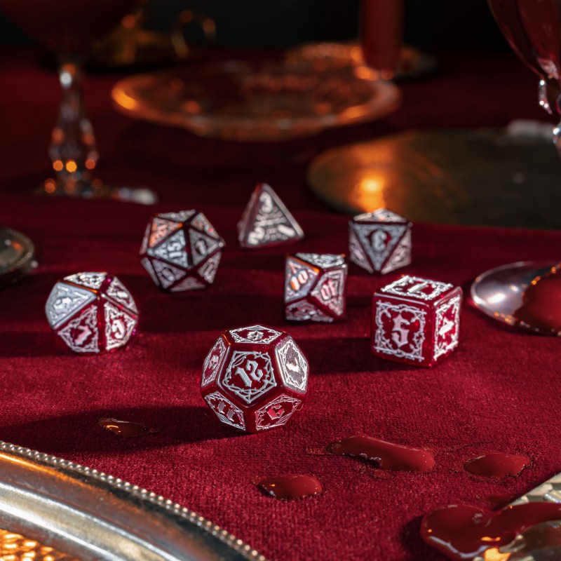 Q-Workshop Bloodsucker Dice Set: Scarlet – shimmering red with silver RPG dice – Flip Tap Win TCG, Saline MI