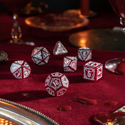 Q-Workshop Bloodsucker Dice Set: Scarlet – shimmering red with silver RPG dice – Flip Tap Win TCG, Saline MI