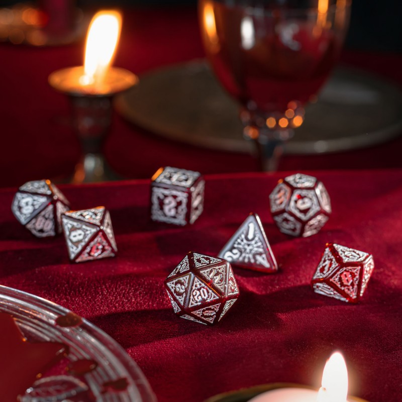 Q-Workshop Bloodsucker Dice Set: Scarlet – shimmering red with silver RPG dice – Flip Tap Win TCG, Saline MI