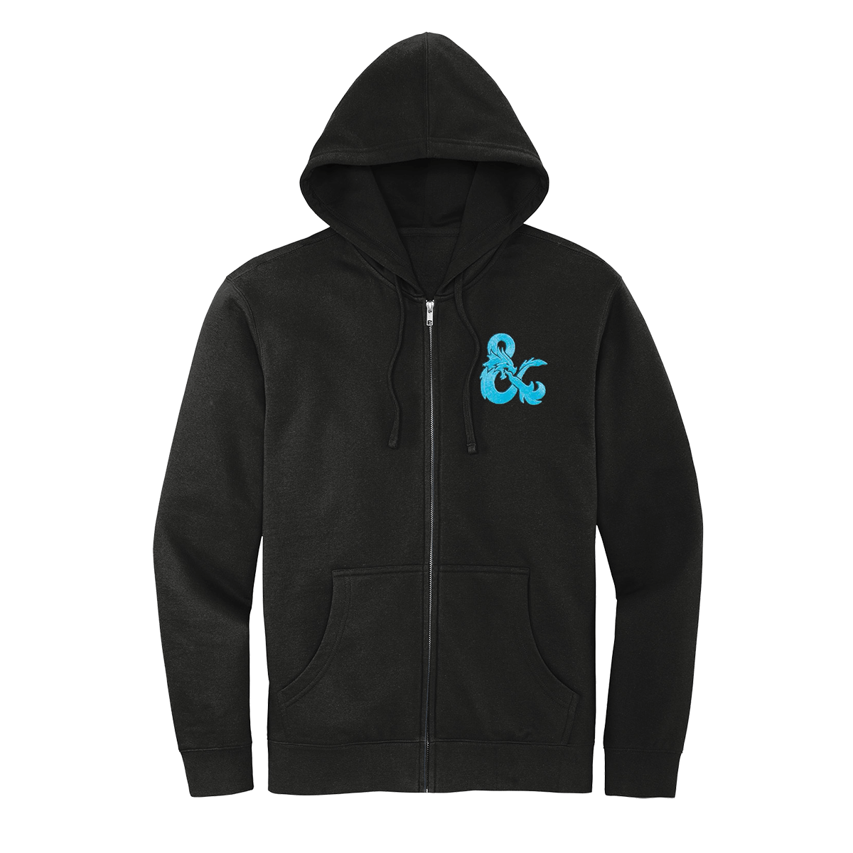 A Black Zip-Up Hoodie with Blue D&D Logo. Brand: MTG Pro Shop, Item: Dungeons & Dragons Zip-Up Hoodie - Black with Blue D&D Logo