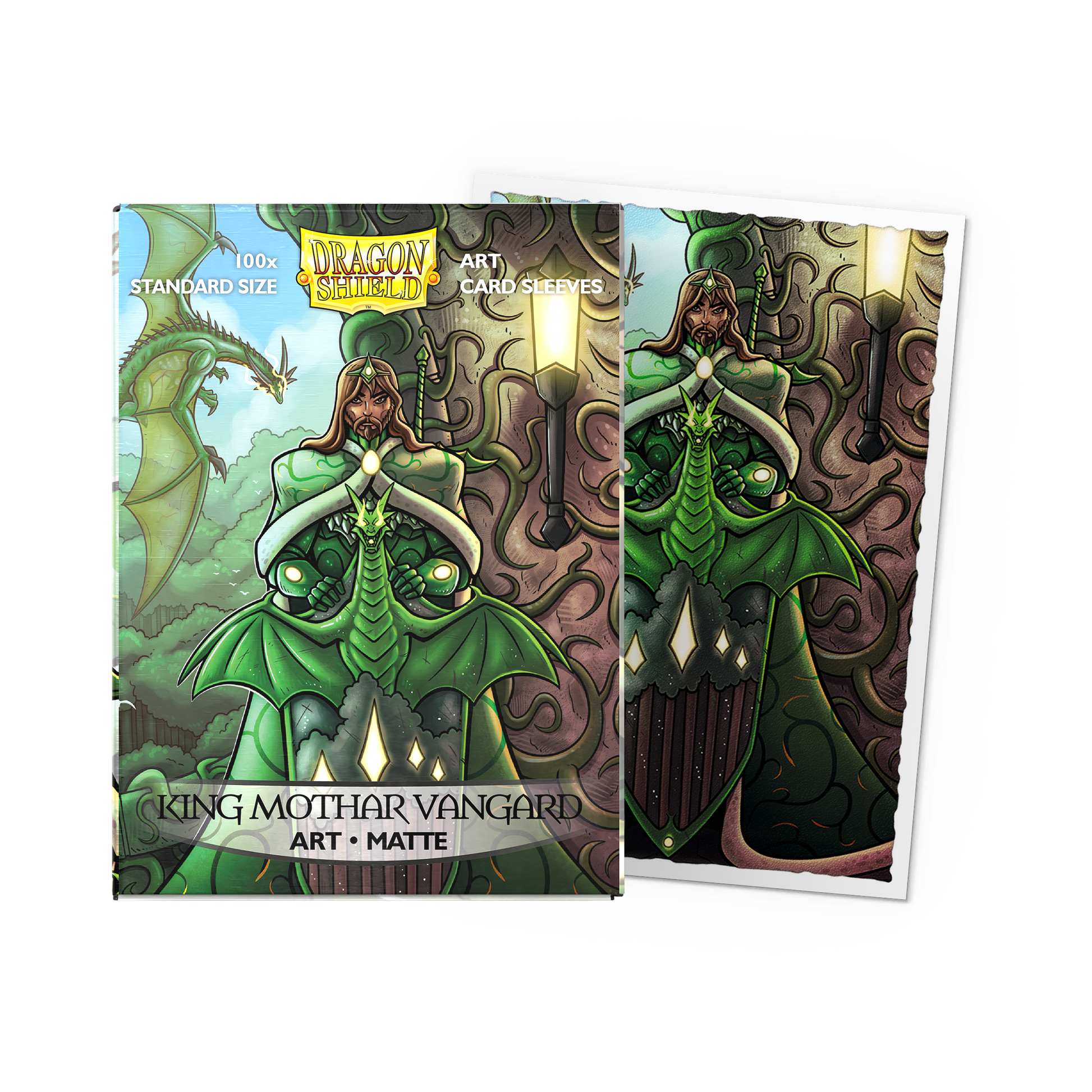 A green matte art card sleeve featuring Mothar Vanguard portrait. Brand: Dragon Shield, Item: Mothar Vanguard Portrait - Matte Art Sleeves.