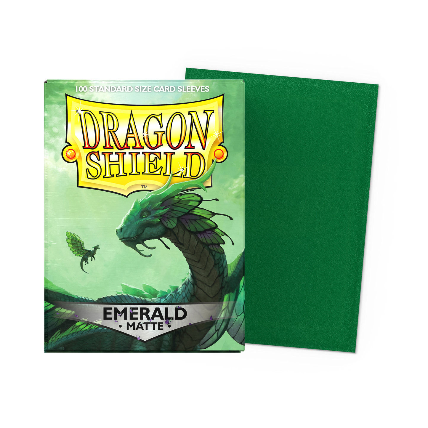 A green matte Dragon Shield card sleeve pack featuring a dragon illustration. Brand: Dragon Shield, Item: Emerald - Matte Sleeves.