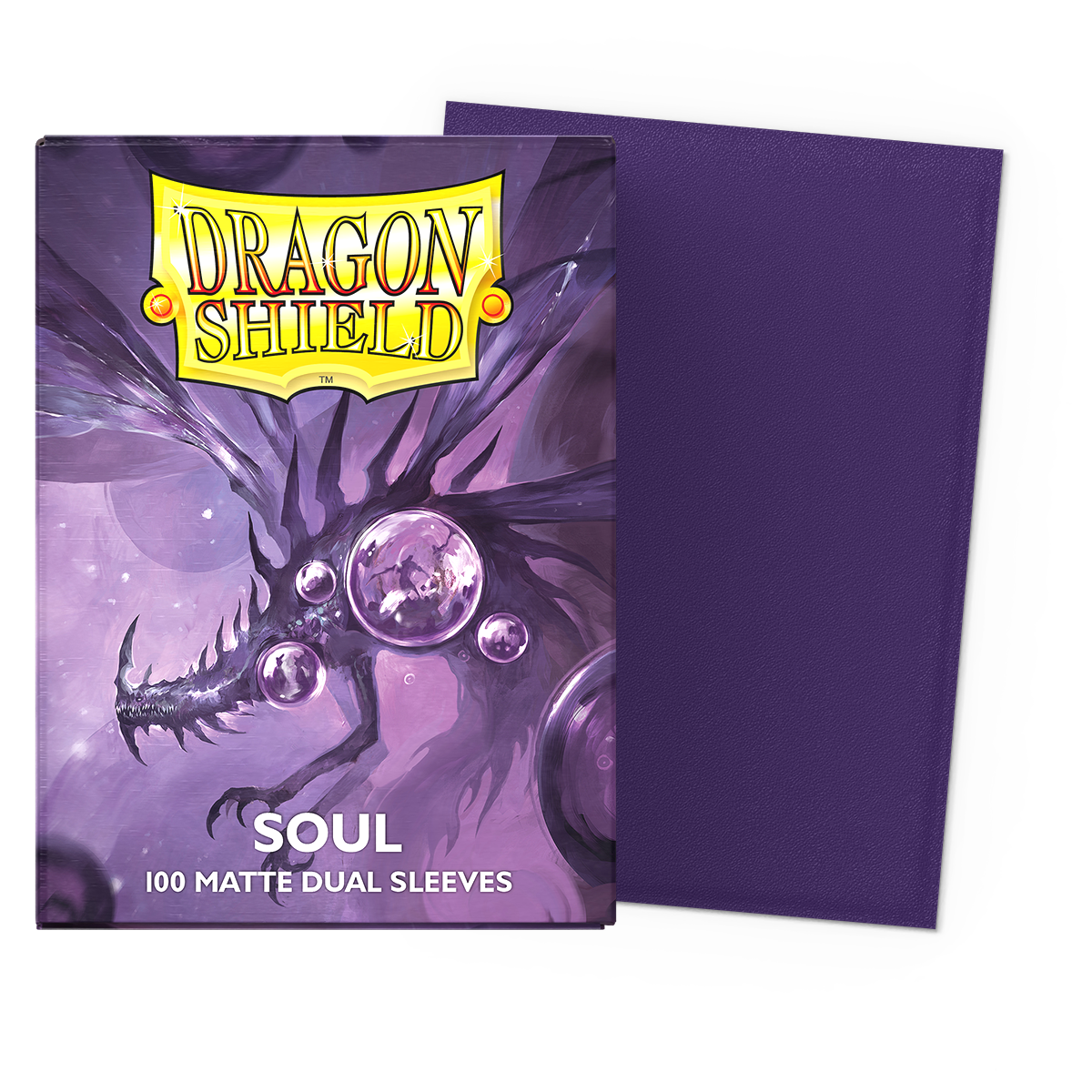 A purple matte dual sleeves deck box. Brand: Dragon Shield, Item: Soul - Matte Dual Sleeves.