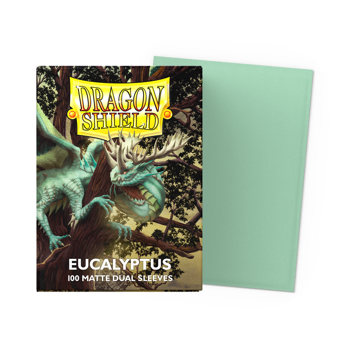 A green Dragon Shield Eucalyptus Matte Dual Sleeves deck box with a dragon illustration.
