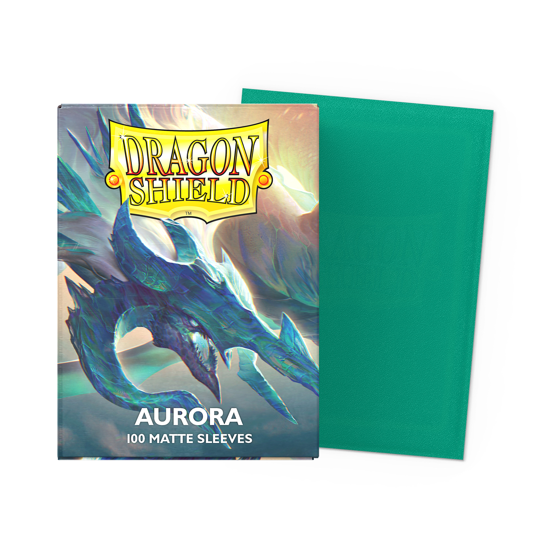 A teal Dragon Shield Aurora Matte Sleeves deck box with a dragon illustration.