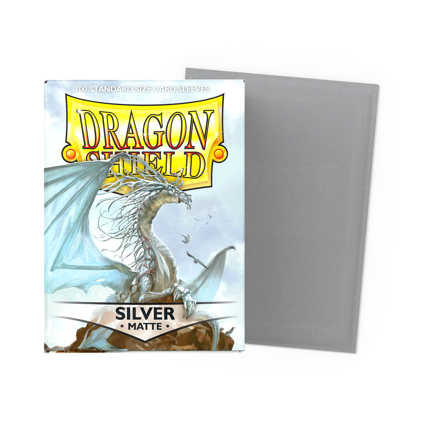 A Silver Matte Standard Size Card Sleeves. Brand: Dragon Shield, Item: Silver - Matte Sleeves.