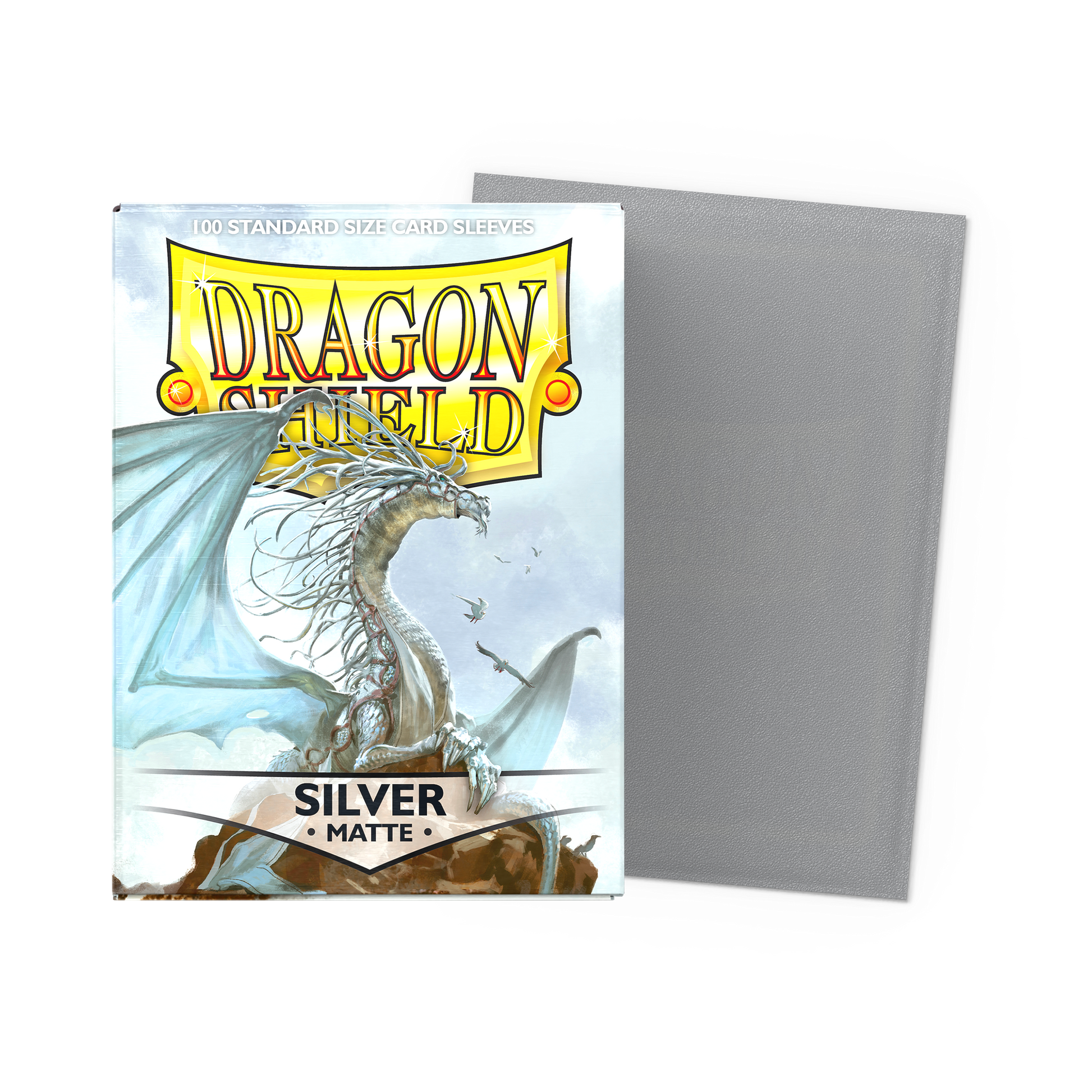A Silver Matte Standard Size Card Sleeves. Brand: Dragon Shield, Item: Silver - Matte Sleeves.