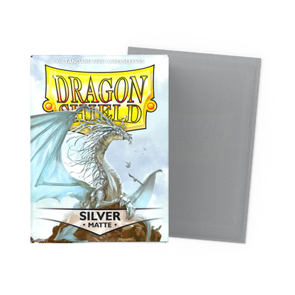 A Silver Matte Standard Size Card Sleeves. Brand: Dragon Shield, Item: Silver - Matte Sleeves.