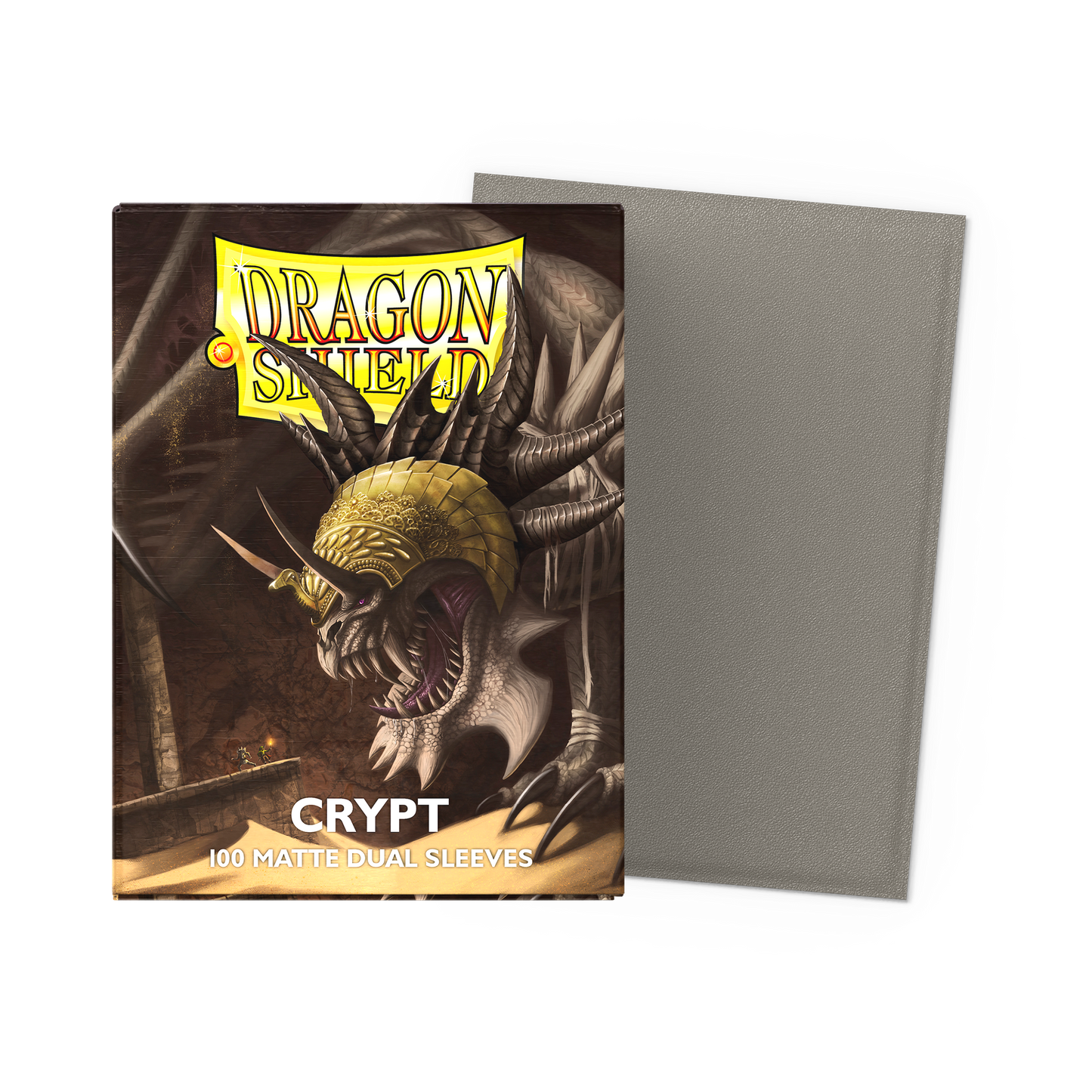 A grey matte dual sleeve pack featuring a dragon illustration. Brand: Dragon Shield, Item: Crypt - Matte Dual Sleeves.