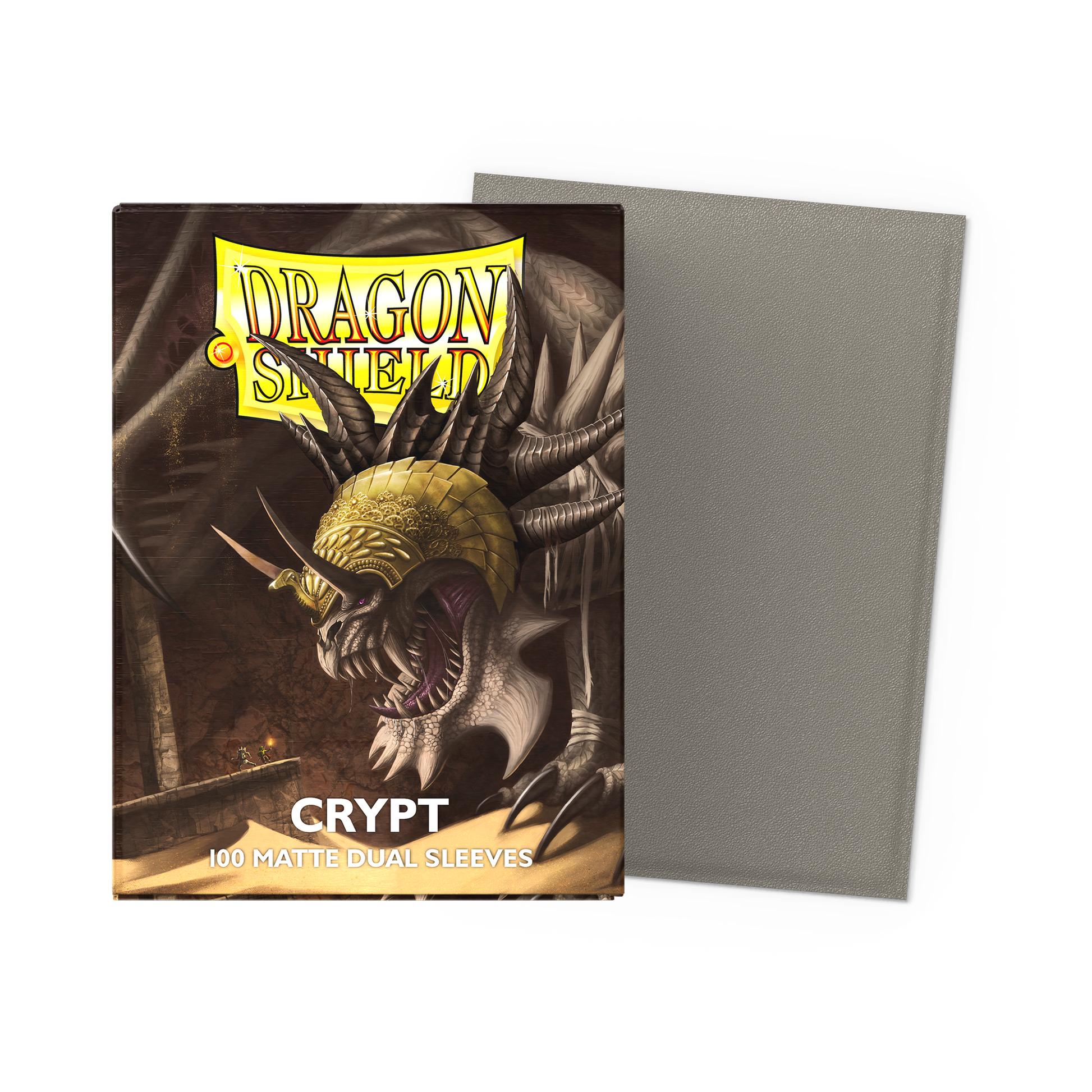 A grey matte dual sleeve pack featuring a dragon illustration. Brand: Dragon Shield, Item: Crypt - Matte Dual Sleeves.
