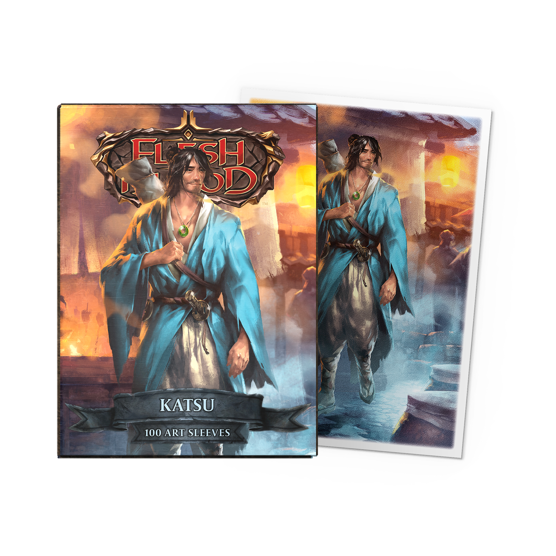 A blue matte art sleeve featuring Katsu from Flesh and Blood. Brand: Dragon Shield (Dev), Item: Katsu - Matte Art Sleeves.