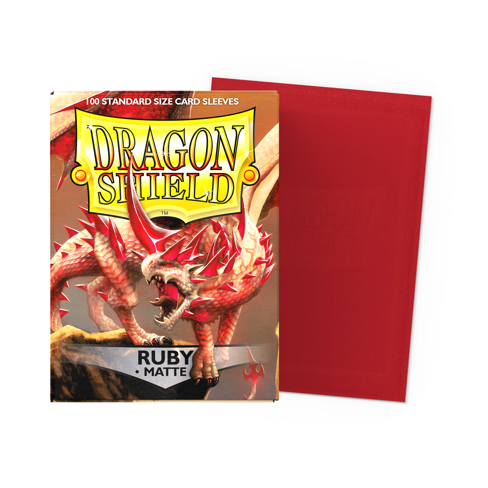 A red matte Dragon Shield standard size card sleeve pack featuring a dragon illustration. Brand: Dragon Shield, Item: Ruby - Matte Sleeves.