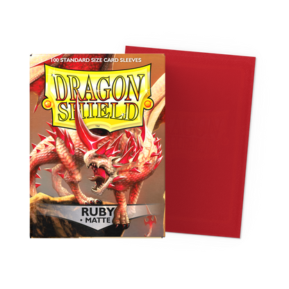 A red matte Dragon Shield standard size card sleeve pack featuring a dragon illustration. Brand: Dragon Shield, Item: Ruby - Matte Sleeves.