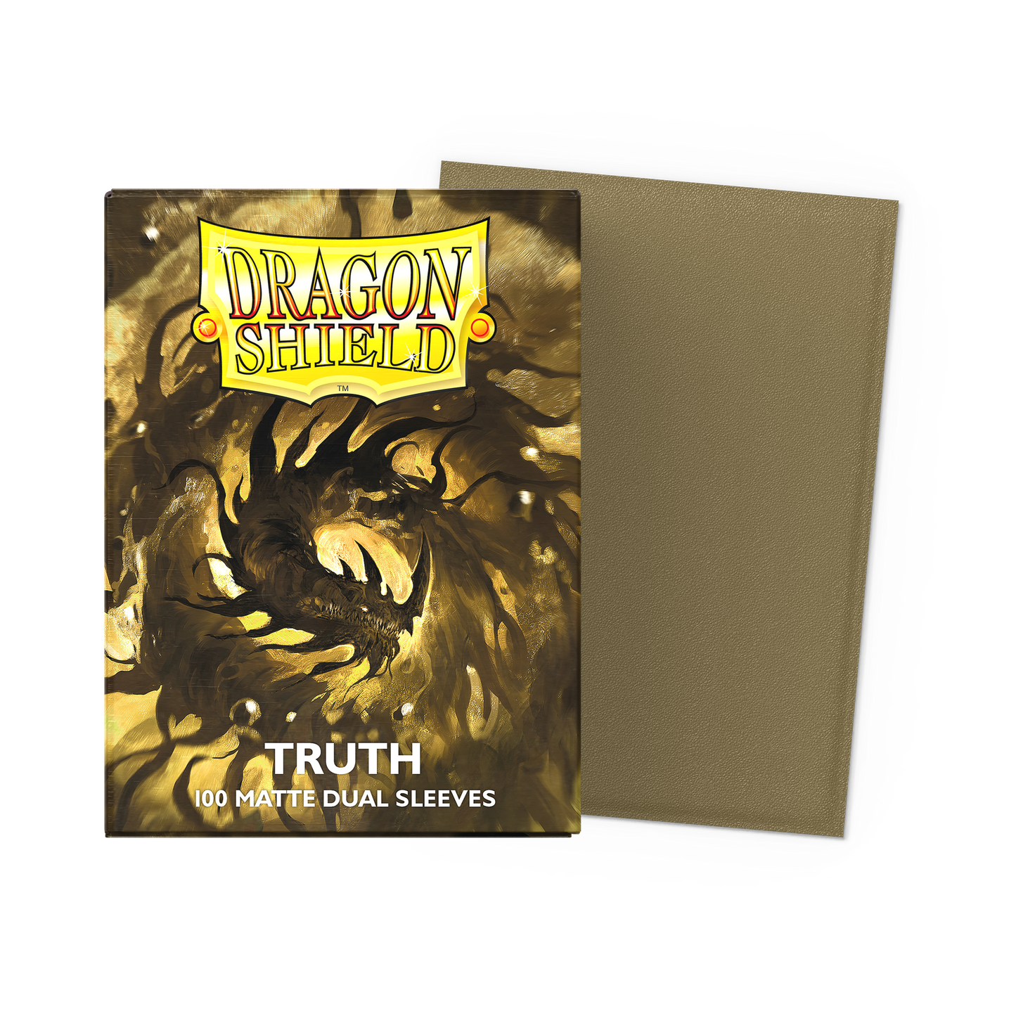 A gold and black Dragon Shield "Truth" Matte Dual Sleeves deck box with a dragon illustration. Brand: Dragon Shield, Item: Truth - Matte Dual Sleeves.