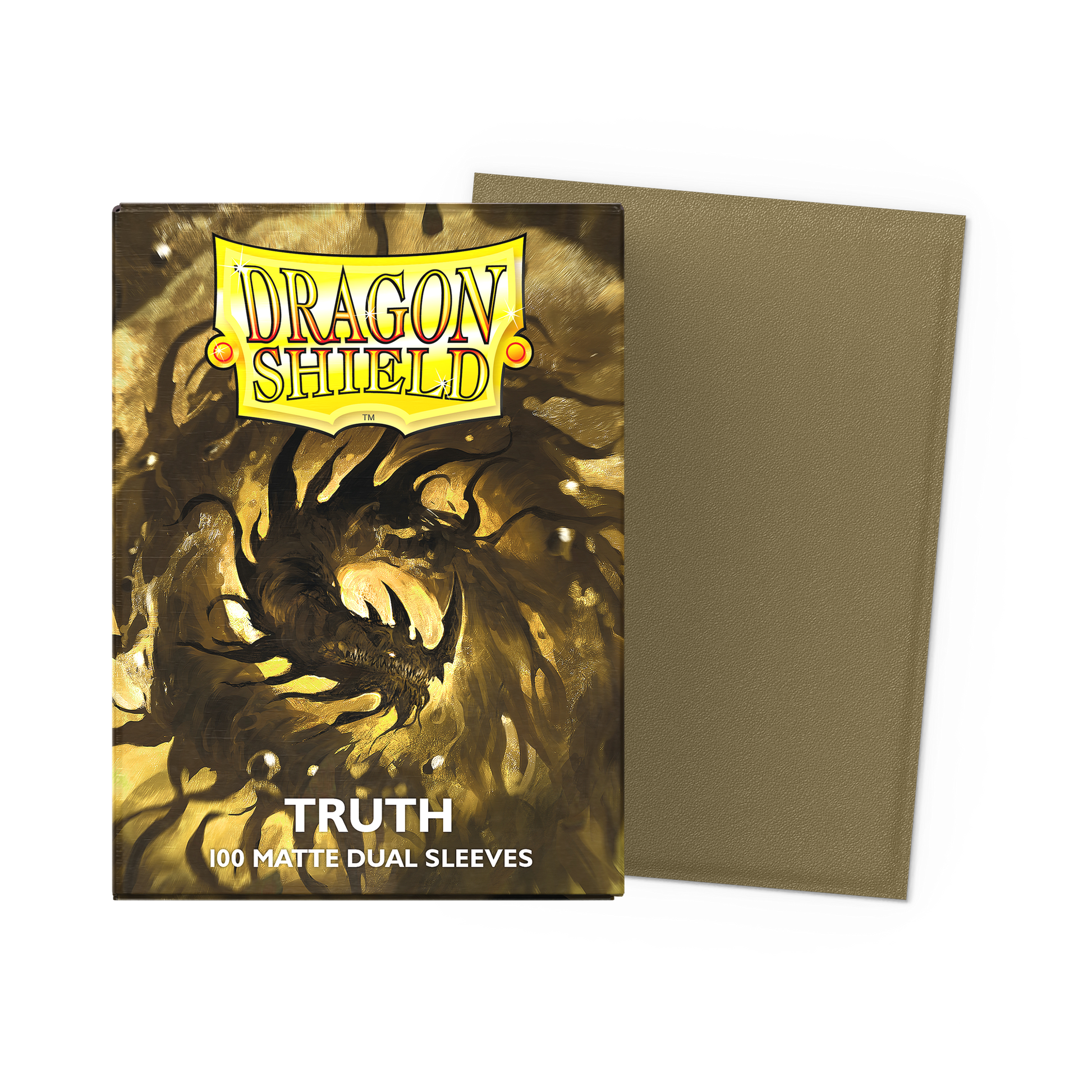 A gold and black Dragon Shield "Truth" Matte Dual Sleeves deck box with a dragon illustration. Brand: Dragon Shield, Item: Truth - Matte Dual Sleeves.