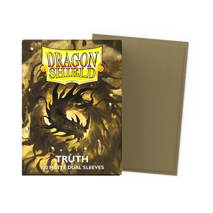 A gold and black Dragon Shield "Truth" Matte Dual Sleeves deck box with a dragon illustration. Brand: Dragon Shield, Item: Truth - Matte Dual Sleeves.