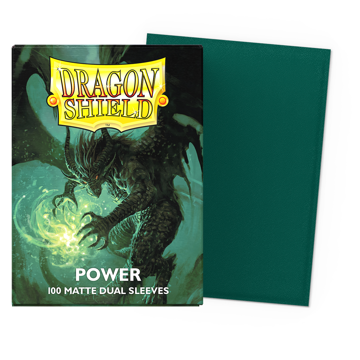 A green Dragon Shield Power 100 Matte Dual Sleeves deck box with a dragon illustration.