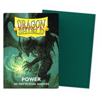 A green Dragon Shield Power 100 Matte Dual Sleeves deck box with a dragon illustration.