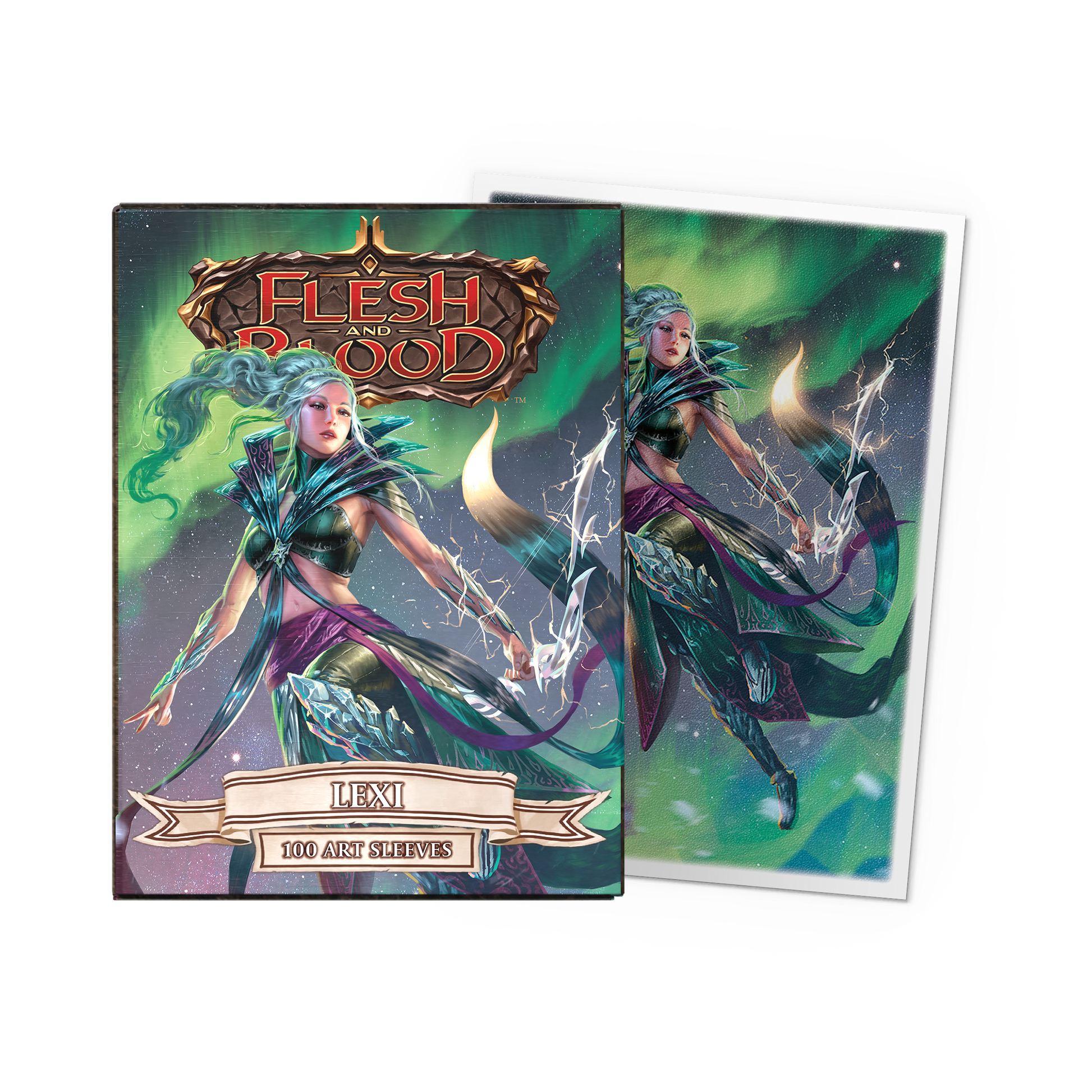 A green and purple Flesh and Blood Lexi art sleeve pack. Brand: Dragon Shield (Dev), Item: Lexi - Matte Art Sleeves.