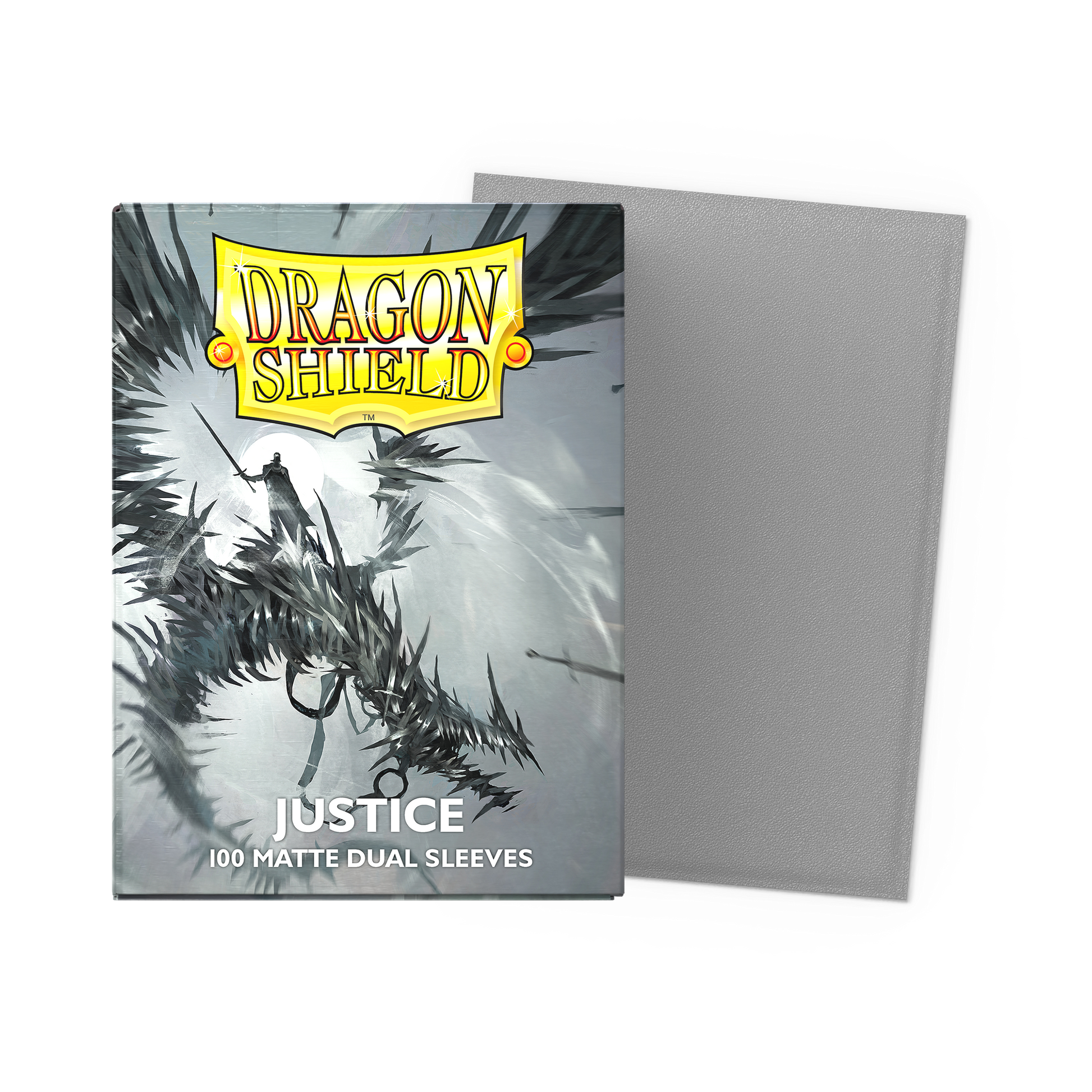 A grey Dragon Shield Justice Matte Dual Sleeves deck box with a fantasy art design.