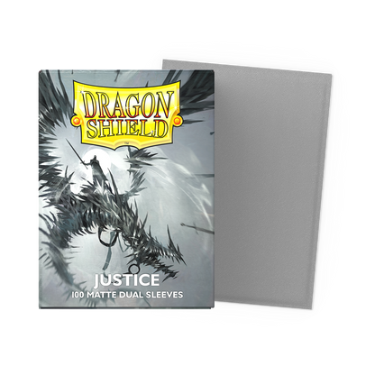A grey Dragon Shield Justice Matte Dual Sleeves deck box with a fantasy art design.