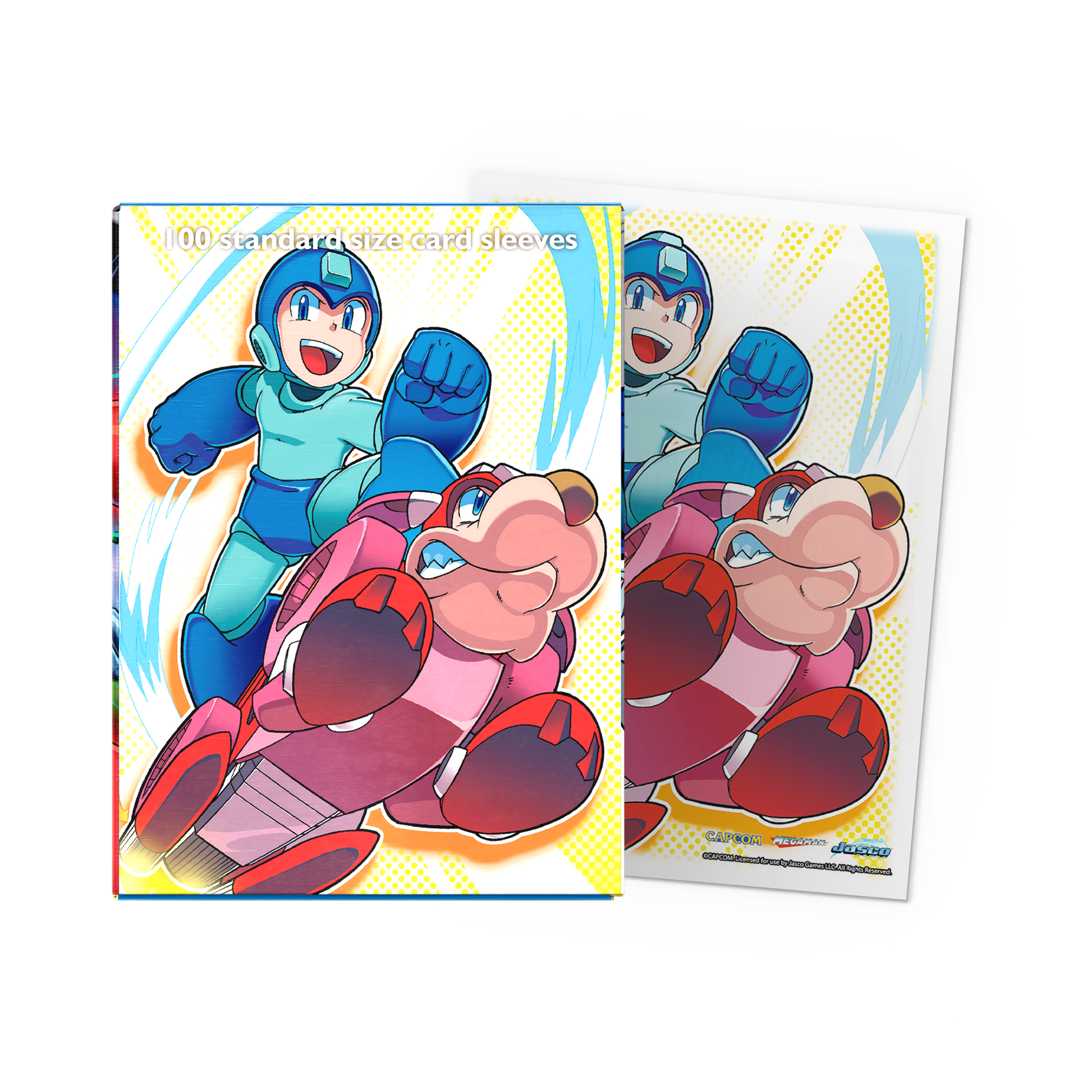 A colorful Mega Man & Rush Classic Art card sleeves set. Brand: Dragon Shield (Dev), Item: Mega Man & Rush - Classic Art Sleeves