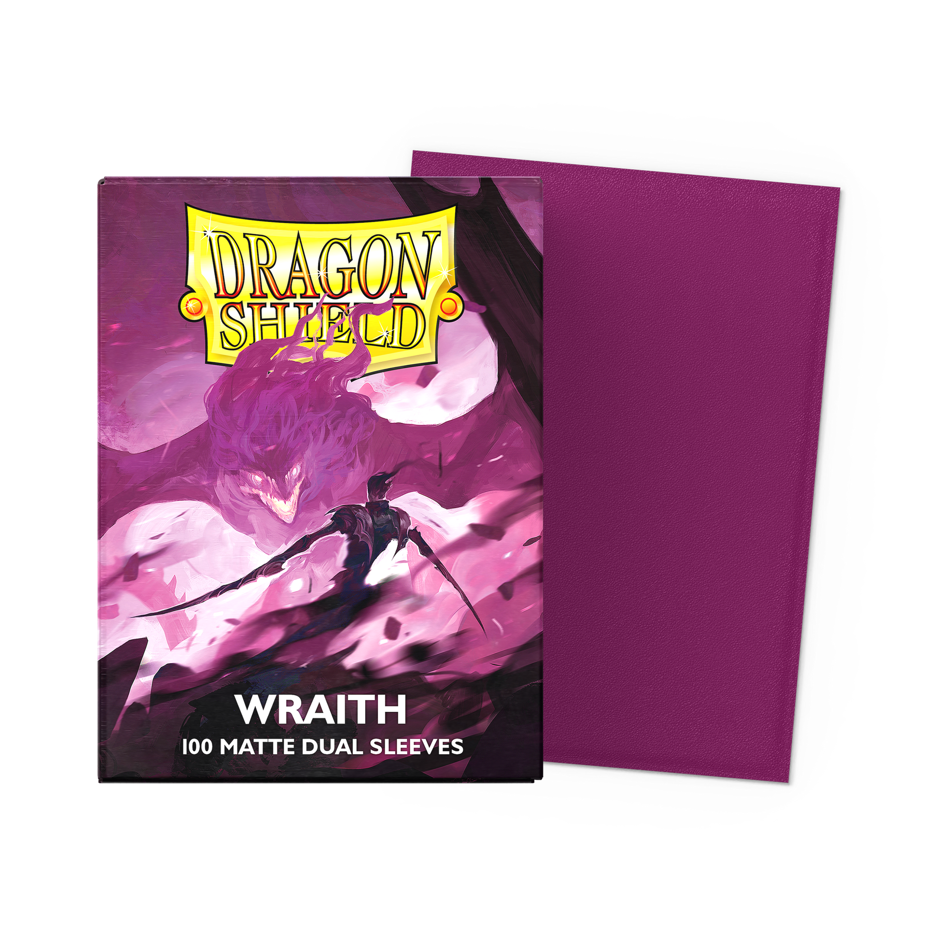 A purple Dragon Shield Wraith Matte Dual Sleeves deck box with artwork of a wraith creature and a warrior.