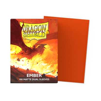 A red Dragon Shield Ember Matte Dual Sleeves deck box with a dragon illustration. Brand: Dragon Shield, Item: Ember - Matte Dual Sleeves.