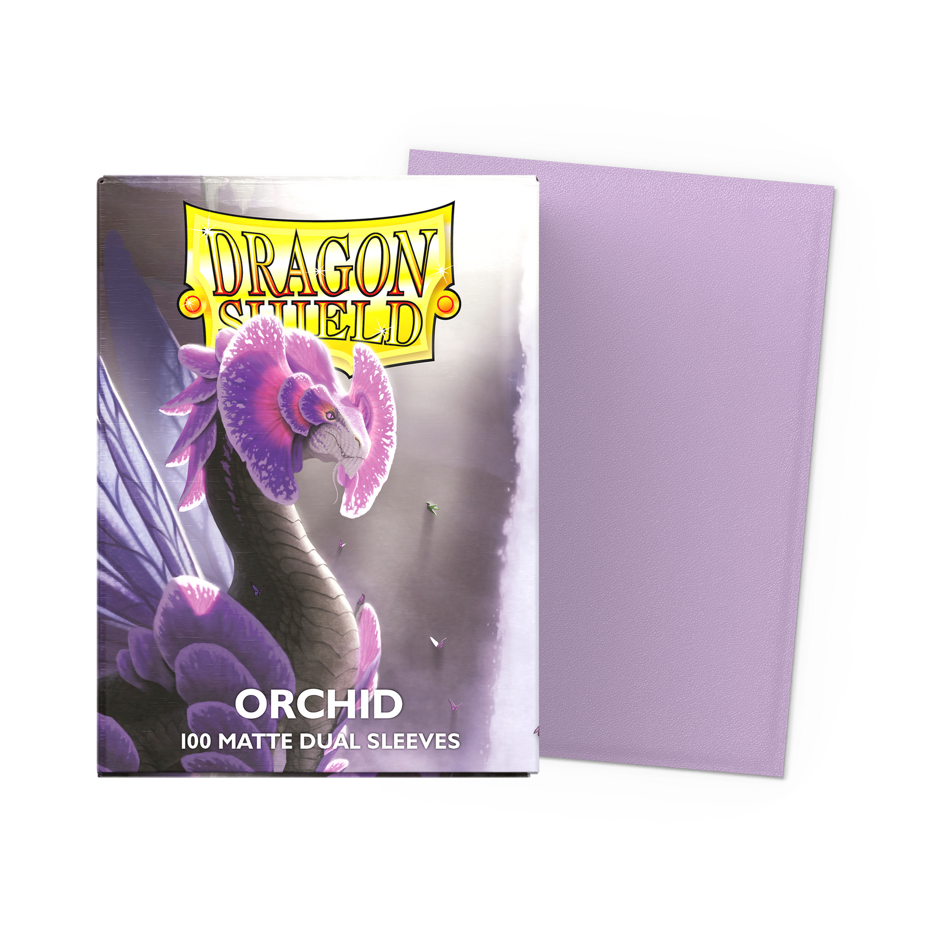 A purple matte dual sleeve pack featuring a dragon-like orchid. Brand: Dragon Shield, Item: Orchid - Matte Dual Sleeves