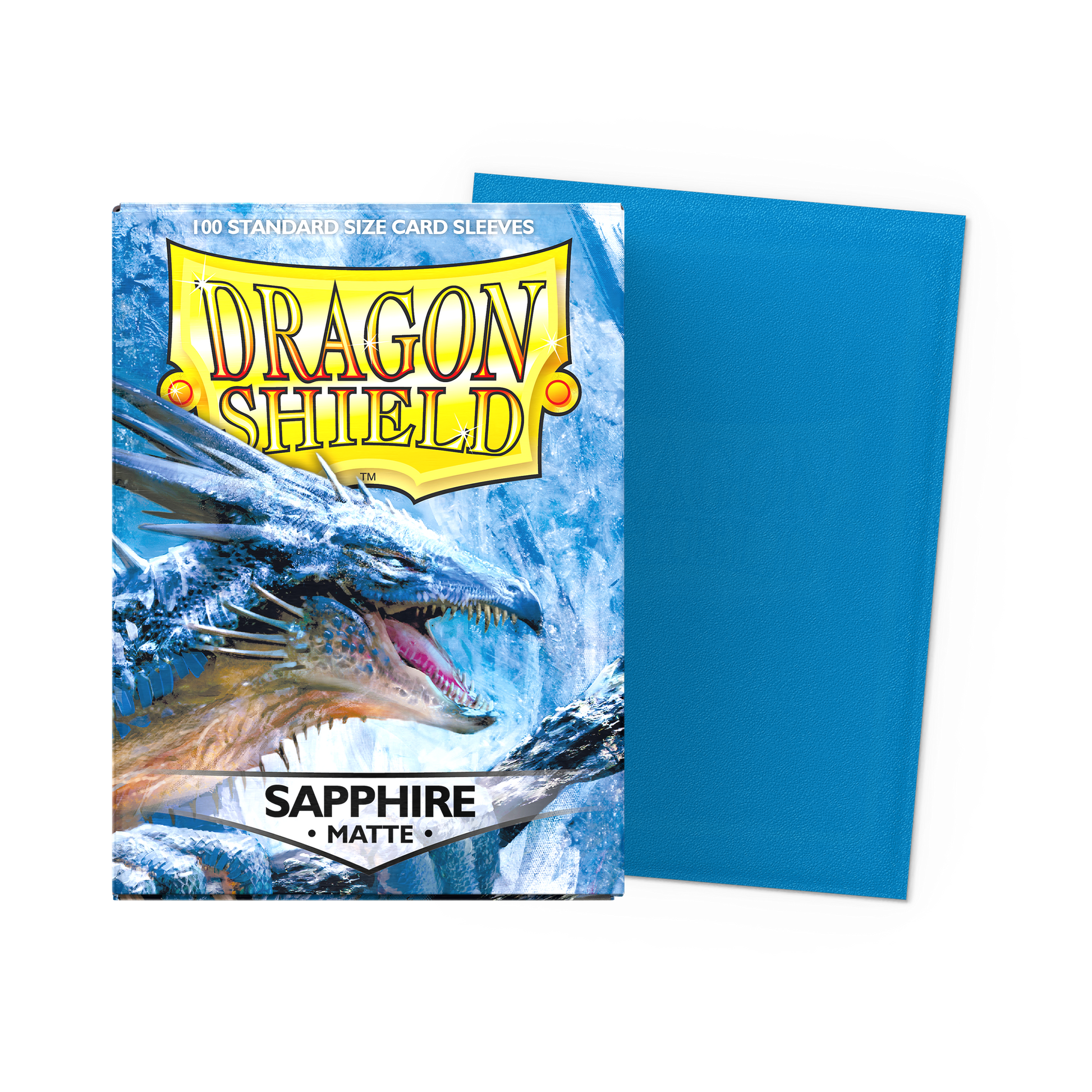A blue matte Dragon Shield standard size card sleeves pack featuring a dragon illustration. Brand: Dragon Shield, Item: Sapphire - Matte Sleeves.