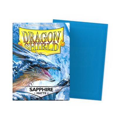 A blue matte Dragon Shield standard size card sleeves pack featuring a dragon illustration. Brand: Dragon Shield, Item: Sapphire - Matte Sleeves.