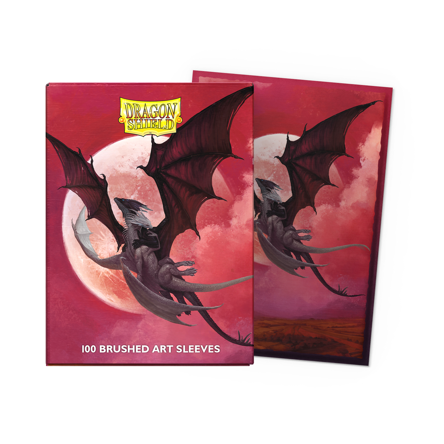 A red brushed art sleeve featuring a white dragon against a red moon. Brand: Dragon Shield, Item: Valentine 2024 - Brushed Art Sleeves
