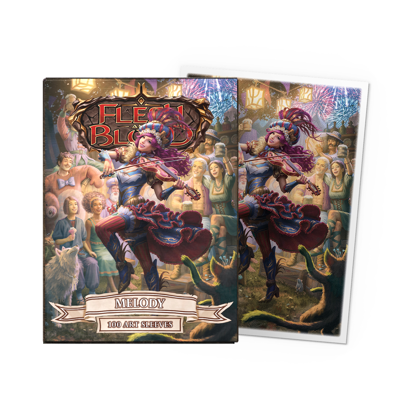 A colorful illustration of a festival scene with a violinist and fireworks on Dragon Shield Melody Matte Art Sleeves.
