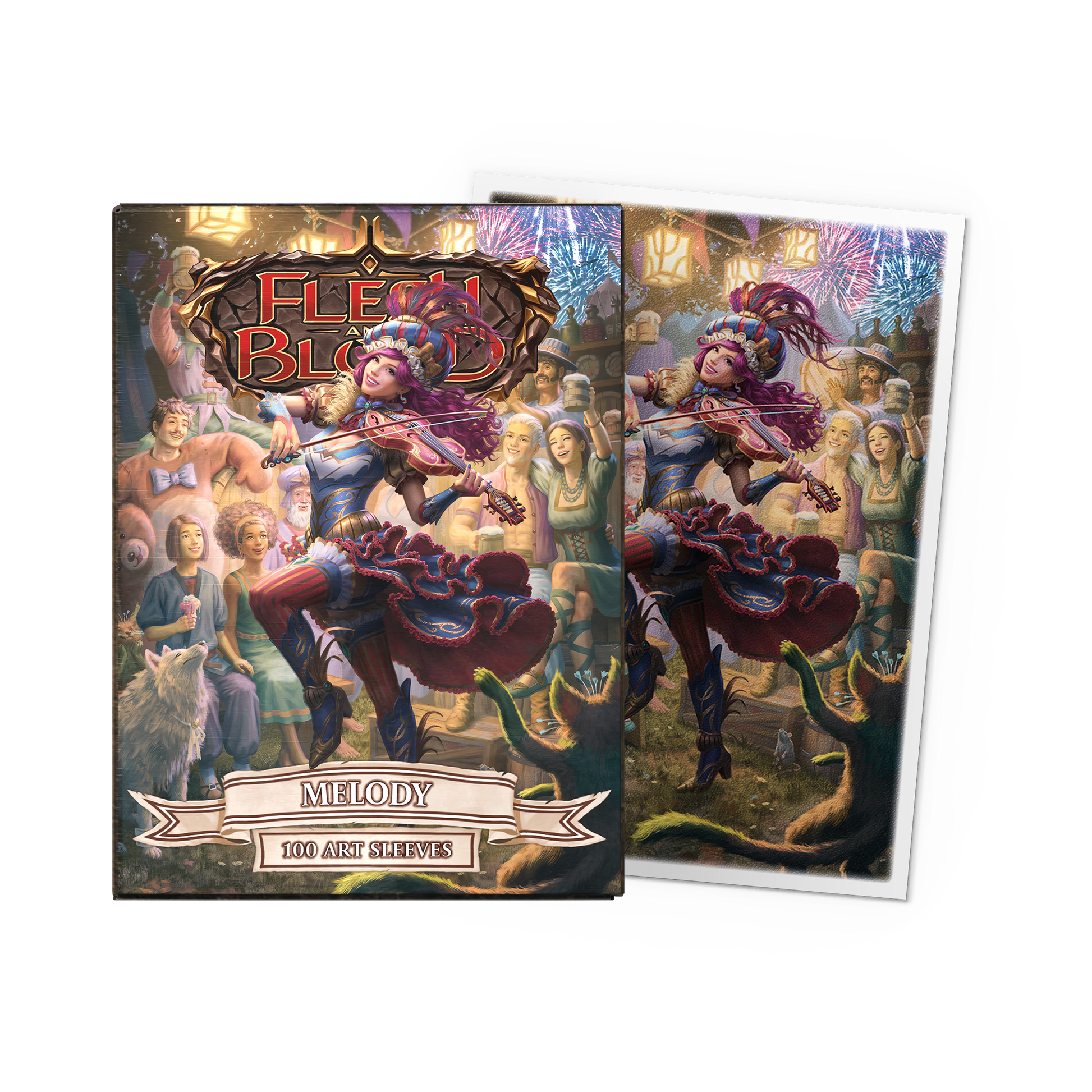 A colorful illustration of a festival scene with a violinist and fireworks on Dragon Shield Melody Matte Art Sleeves.