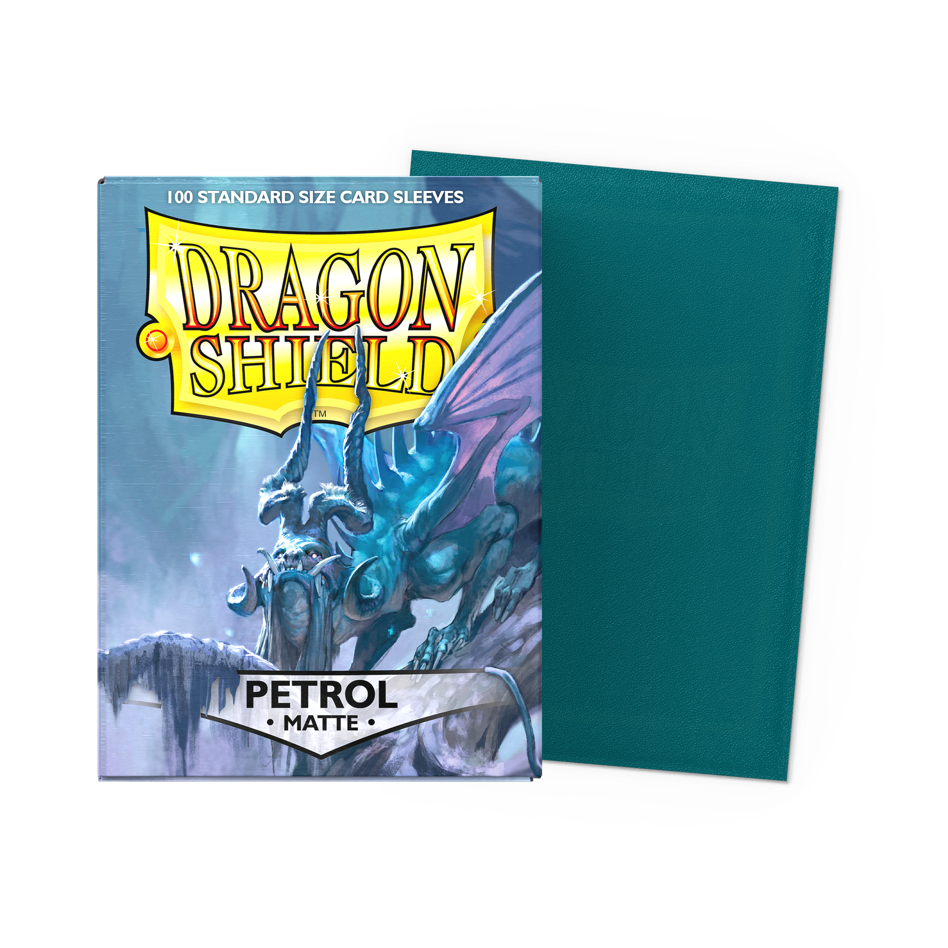 A teal matte Dragon Shield standard size card sleeves pack featuring a dragon illustration. Item: Petrol - Matte Sleeves.