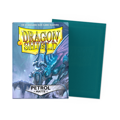 A teal matte Dragon Shield standard size card sleeves pack featuring a dragon illustration. Item: Petrol - Matte Sleeves.